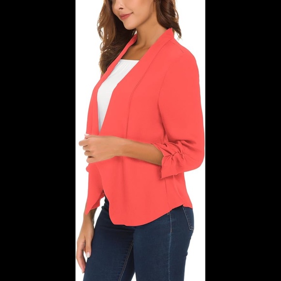 Women's Ruched Sleeve Lightweight Thin Chiffon Blazer - Picture 2 of 8